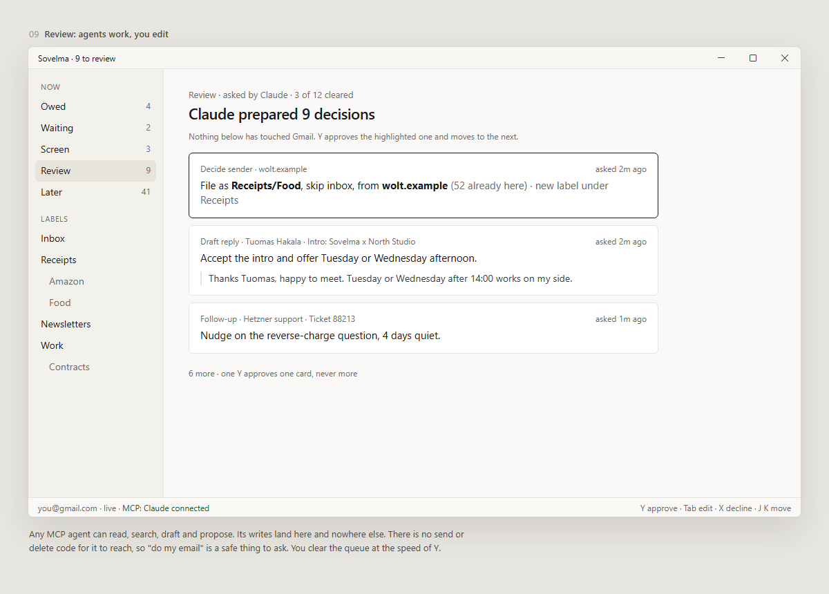 Review queue with decisions prepared by Claude